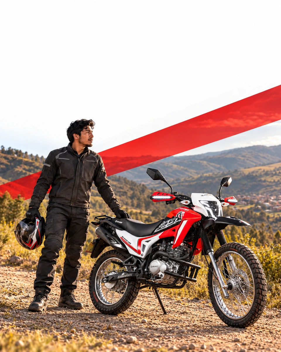 Un motociclista de pie junto a una BROZZ-250 roja y blanca en un camino de tierra, con cerros al fondo.